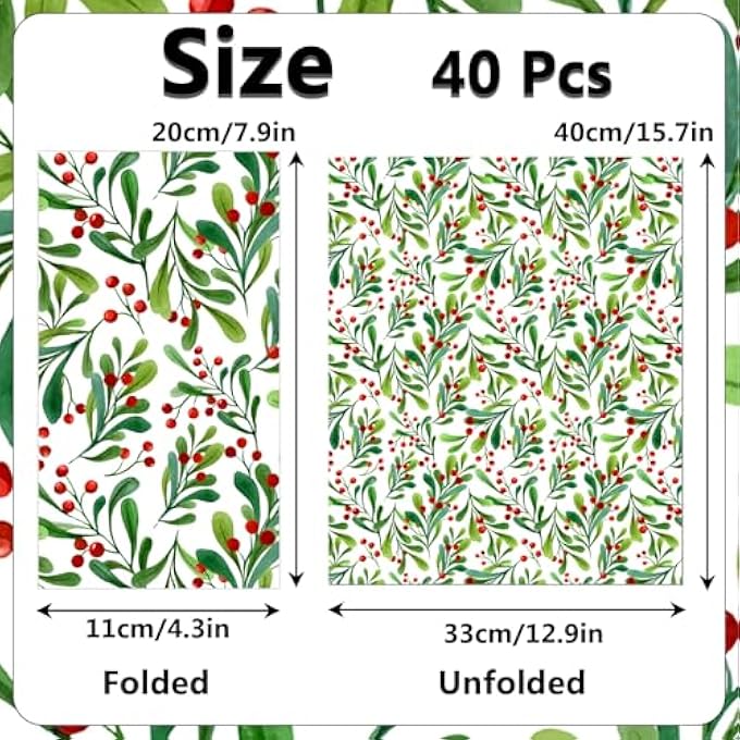 PACK OF 40 CHRISTMAS NAPKINS, CHRISTMAS BERRIES PAPER NAPKINS FOR CHRISTMAS, WINTER PARTY, BIRTHDAY, TABLE DECORATION CELEBRATION - Image 2